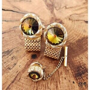 Vintage Swank Gold Tone Gem Cufflinks and Tie Clip Set